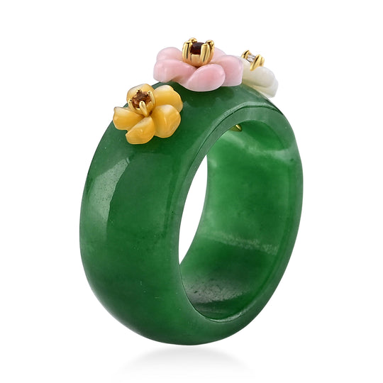 JARDIN KOLLEKTION D'Joy grüner Jade, roter Granat, Moissanit, Citrin, rosa, weißer und gelber Perlmutt Ring, 925 Silber vergoldet - 29,42 ct.