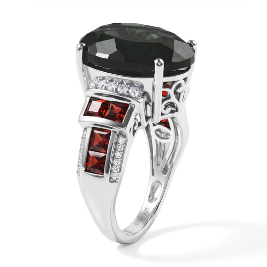 D'Joy Alexandrit Quarz Triplette, Roter Granat Ring 925 Silber Rhodiniert (Größe 18.00) ca. 11,56 ct