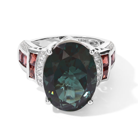 D'Joy Alexandrit Quarz Triplette, Roter Granat Ring 925 Silber Rhodiniert (Größe 18.00) ca. 11,56 ct