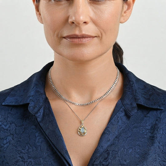 GP - AA Milchiger Aquamarin, Kanchanaburi Blauer Saphir Anhänger 925 Silber Rhodiniert und 750 Gelbgold Vermeil ca. 1,96 ct.