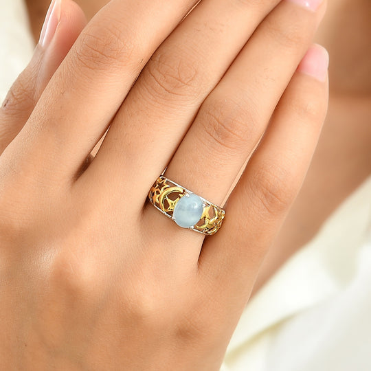 GP - AA Milchiger Aquamarin, Kanchanaburi Blauer Saphir Ring 925 Silber Rhodiniert und 750 Gelbgold Vermeil (Größe 17.00) ca. 2,11 ct
