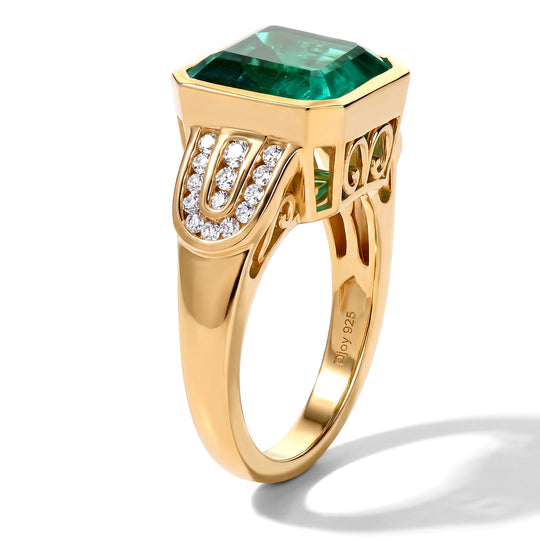 D'Joy Smaragd-Quarz Triplette, Weißer Zirkon Ring 925 Silber 750 Gelbgold vermeil (Größe 17.00) ca. 5,93 ct