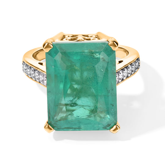 D'Joy Smaragd-Quarz Triplette, Weißer Zirkon Ring 925 Silber 750 Gelbgold vermeil (Größe 17.00) ca. 12,53 ct