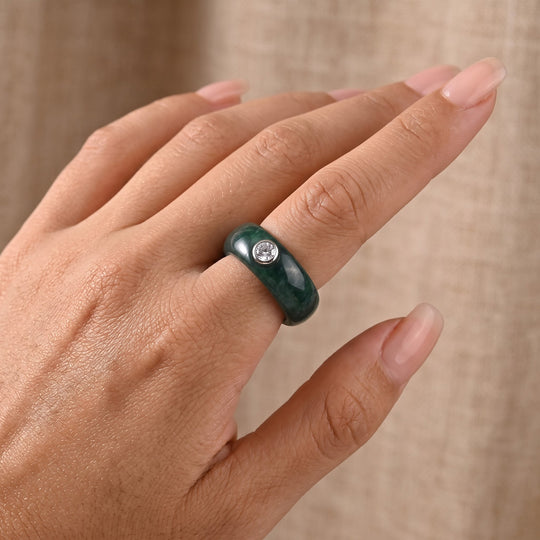 EXTREM SELTEN - Type A Natürlicher Olmek Jadeit, Lab Grown Diamant (0,25) Ring 925 Silber Rhodiniert (Größe 20.00) ca. 7.75 ct