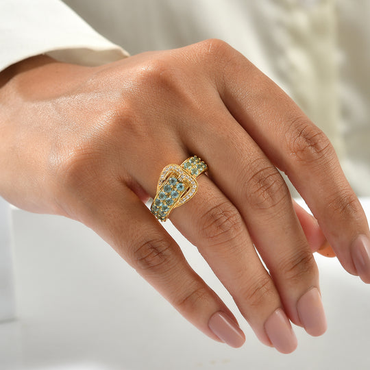 EVER TRUE AA Blauer Apatit, Weißer Zirkon Ring Reine Bronze (Größe 20.00) ca. 1,54 ct
