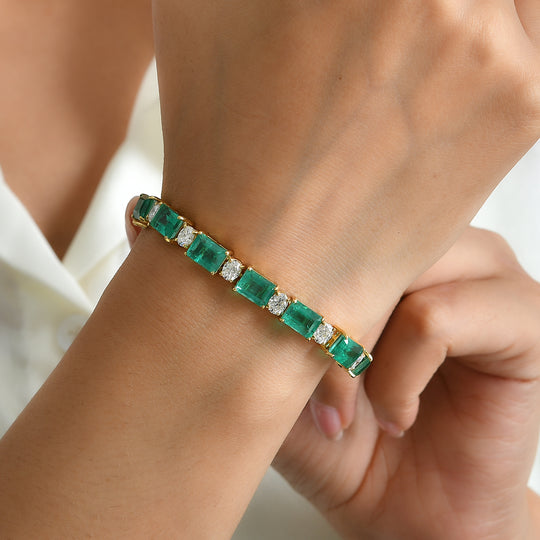 D'Joy Smaragd-Quarz Triplette, Moissanit Armband ca. 20 cm 925 Silber 750 Gelbgold vermeil ca. 36,98 ct.