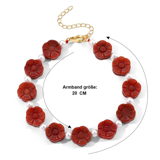 D'Joy burmesisches rotes Jade und 5-6mm Zhuji Akoya-Perle 20+5cm Armband, 925 Silber vergoldet