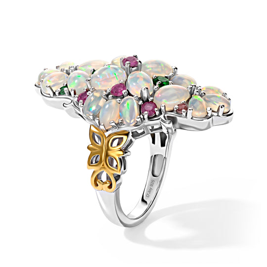 D'Joy AAA Natürlicher, äthiopischer Welo Opal Ring 925 Silber Rhodiniert und 750 Gelbgold Vermeil (Größe 19.00) ca. 6,04 ct