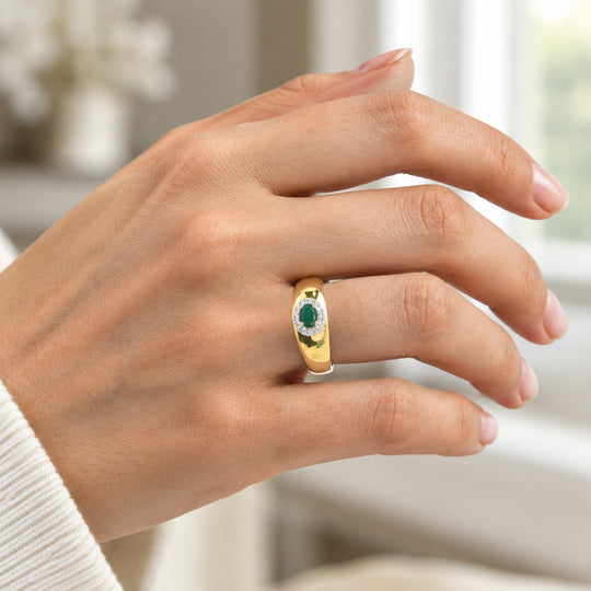 D'Joy AA Socoto Smaragd, Weißer Zirkon Ring 925 Silber 750 Vergoldet (Größe 17.00) ca. 0,59 ct