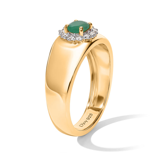D'Joy AA Socoto Smaragd, Weißer Zirkon Ring 925 Silber 750 Vergoldet (Größe 17.00) ca. 0,59 ct