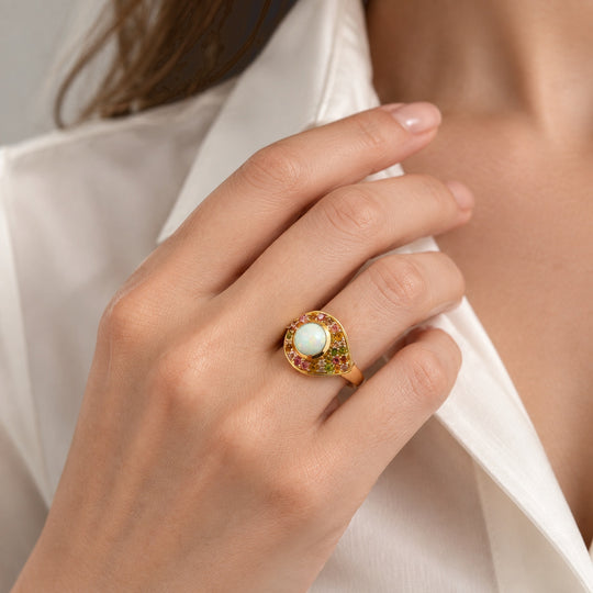 D'Joy AAA Natürlicher, äthiopischer Welo Opal, Mehrfarbig-Turmalin Ring 925 Silber 750 Gelbgold vermeil (Größe 20.00) (10-15 Werktage Lieferzeit) ca. 2,60 ct
