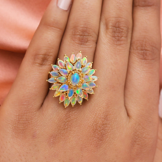 Natürlicher, äthiopischer Opal Blumen-Ring, 925 Silber Gelbgold Vermeil (Größe 16.00) ca. 3.74 ct