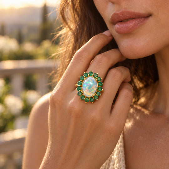 D'Joy AAA Natürlicher, äthiopischer Welo Opal, Kagem Sambischer Smaragd Ring 925 Silber 750 Gelbgold vermeil (Größe 17.00) (9-14 Werktage Lieferzeit) ca. 6,01 ct