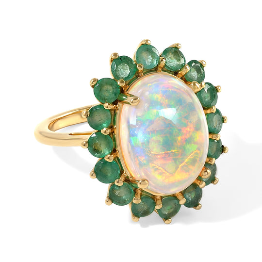 D'Joy AAA Natürlicher, äthiopischer Welo Opal, Kagem Sambischer Smaragd Ring 925 Silber 750 Gelbgold vermeil (Größe 17.00) (9-14 Werktage Lieferzeit) ca. 6,01 ct