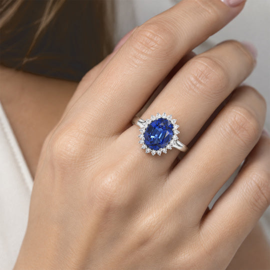 Laborgezüchteter Ceylon-Blau-Saphir, Moissanit Ring 925 Silber Rhodiniert (Größe 18.00) ca. 4,44 ct