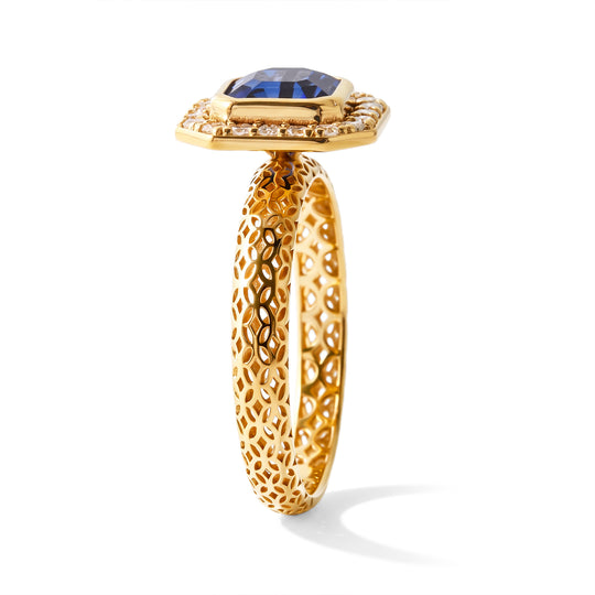 Laborgezüchteter Ceylon-Blau-Saphir, Lab Grown Diamant Ring 925 Silber 750 Gelbgold vermeil (Größe 17.00) ca. 2,52 ct