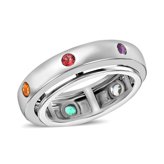 Spinning-Ring mit mehrfarbigen 7-Chakra-Edelsteinen, 925 Silber platiniert ca. 0.51 ct