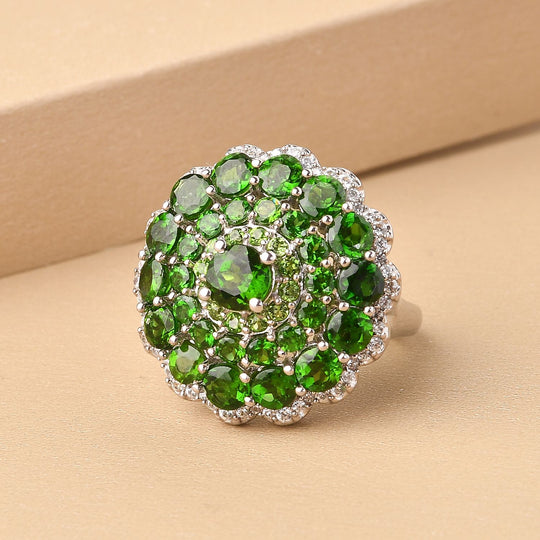 Natürlicher Chromdiopsid und weißer Zirkon-Ring, 925 Silber platiniert ca. 5.28 ct