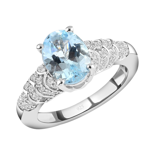 Espirito Santo Aquamarin und weißer Zirkon-Ring, 925 Silber platiniert ca. 2,15 ct