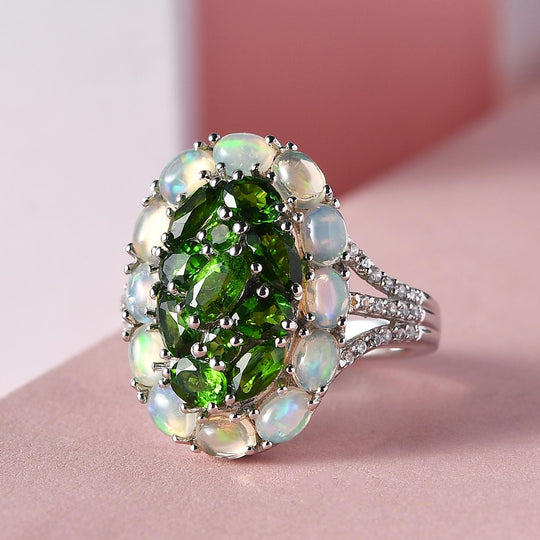 Natürlicher Chromdiopsid und Opal-Ring, 925 Silber platiniert ca. 3.58 ct