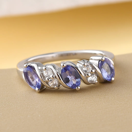 AA Tansanit und weißer Zirkon-Ring, 925 Silber platiniert (Größe 19.00) ca. 0.85 ct