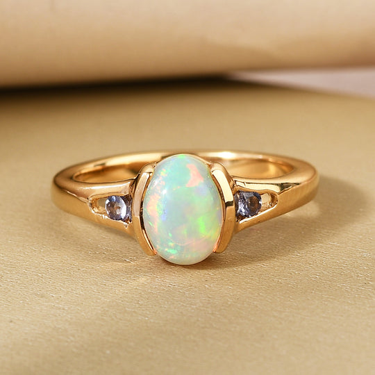 Natürlicher, äthiopischer Opal und Tansanit-Ring, 925 Silber vergoldet ca. 1,05 ct