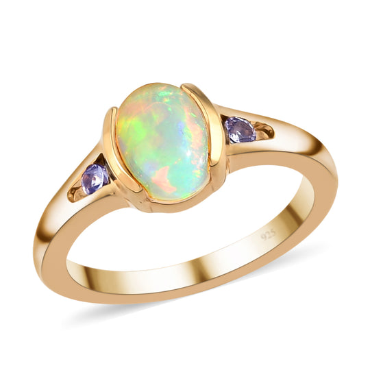 Natürlicher, äthiopischer Opal und Tansanit-Ring, 925 Silber vergoldet ca. 1,05 ct