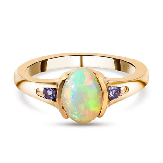 Natürlicher, äthiopischer Opal und Tansanit-Ring, 925 Silber vergoldet ca. 1,05 ct