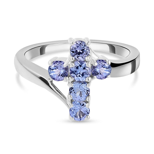 Tansanit Kreuz-Ring, 925 Silber platiniert ca. 0,77 ct