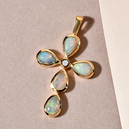 Natürlicher, äthiopischer Opal und weißer Zirkon-Anhänger, 925 Silber vergoldet ca. 1,38 ct
