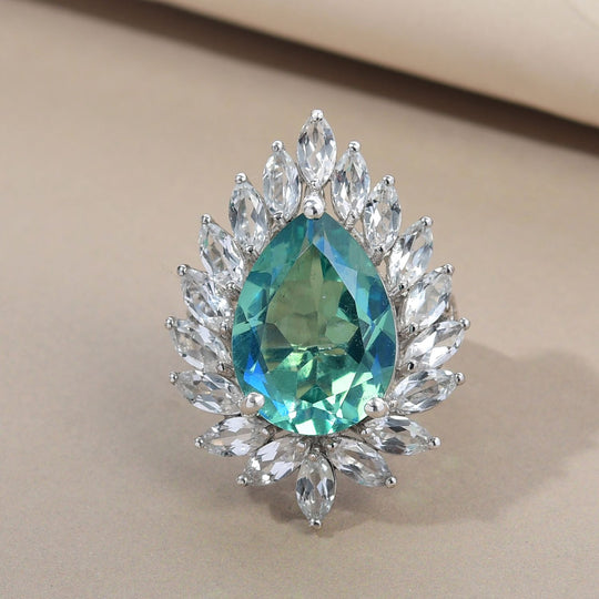 Pfau Triplette Quarz und weißer Topas-Ring, 925 Silber platiniert ca. 15.54 ct