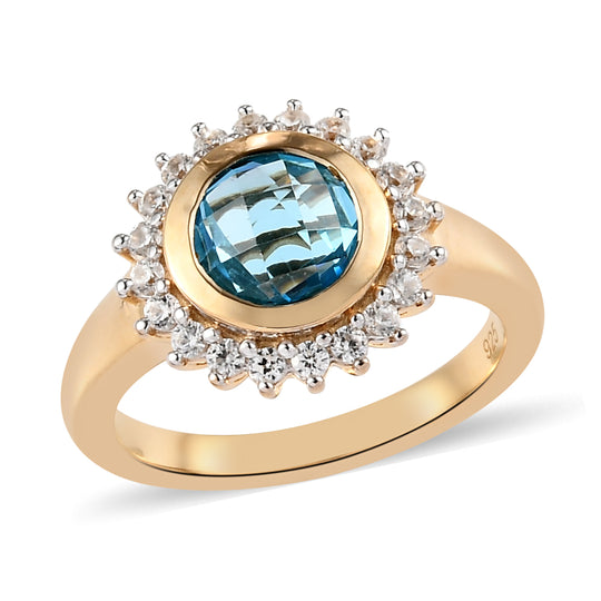 Schweizer Blautopas und Zirkon Ring 925 Silber vergoldet ca. 2,02 ct