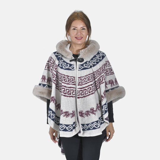 LA MAREY - Kunstfell Poncho mit Kapuze, One Size, 80x110cm, Weiß