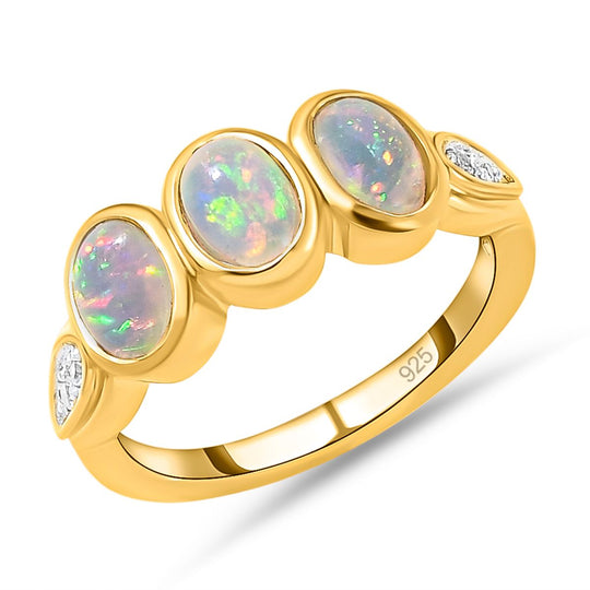 Natürlicher, äthiopischer Opal und weißer Zirkon-Ring, 925 Silber vergoldet ca. 0,95 ct
