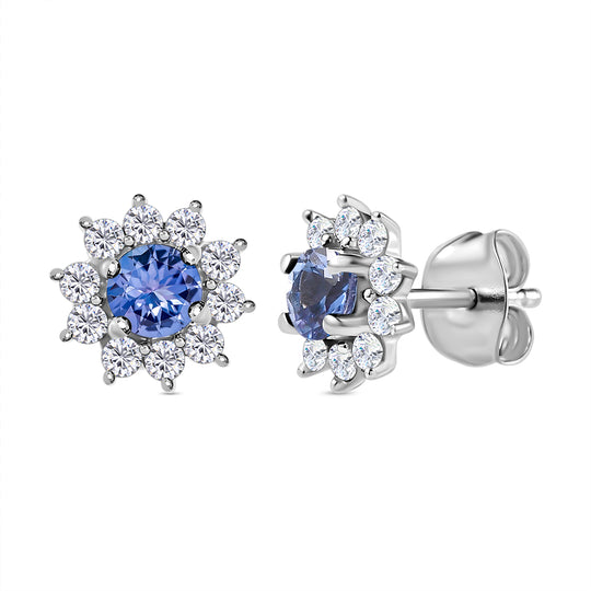 Amerikanische, natürliche Sleeping Beauty Türkis und Zirkon florale Halo Ohrringe, 925 Silber platiniert - 1,17 ct.