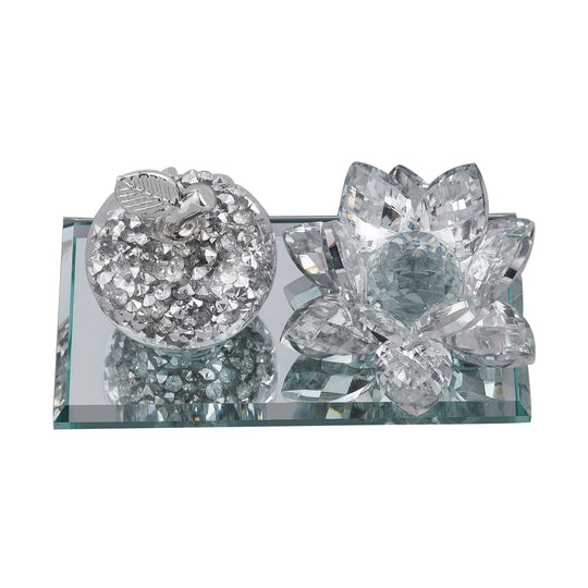 The 5th Season - Kristall-Apfel und Lotusblüte auf verspiegeltem Ständer, 11x6x7cm, Silber