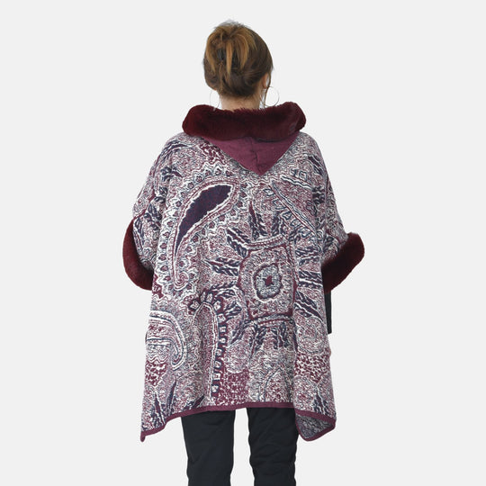 LA MAREY - Kunstfell Poncho mit Kapuze, One Size, 80x110cm, Burgund