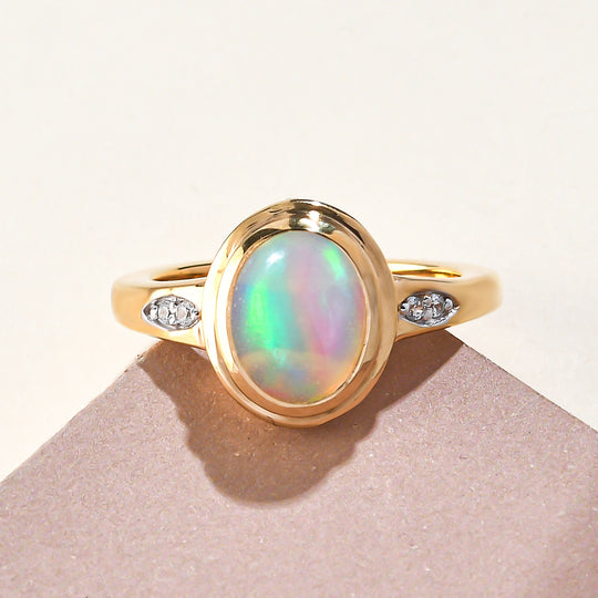Natürlicher, äthiopischer Opal und weißer Zirkon-Ring, 925 Silber vergoldet ca. 1,29 ct