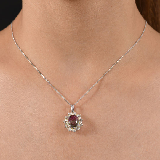D'Joy Wassermelonen Triplett Quarz und Zirkon zweifarbiger Ring und Anhänger mit 45cm Kette