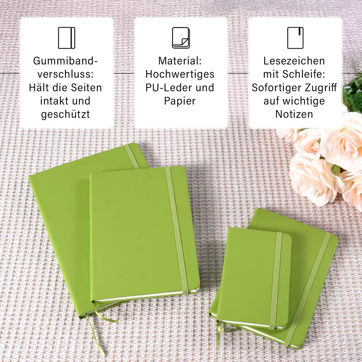 Notizbuch-Set mit Gummibandverschluss Kunstleder und Papier verschiedene Größen