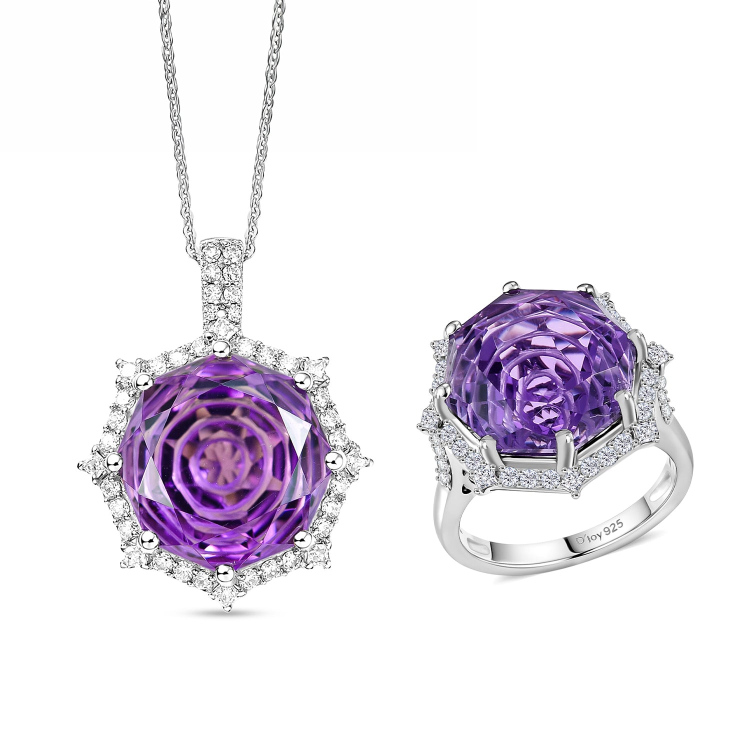 D'Joy Rose De France Amethyst und Moissanit Ring und Anhänger mit 50cm Kette