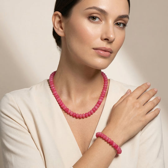 Rosa Quarzit 45+5cm Halskette und 17+5cm Armband