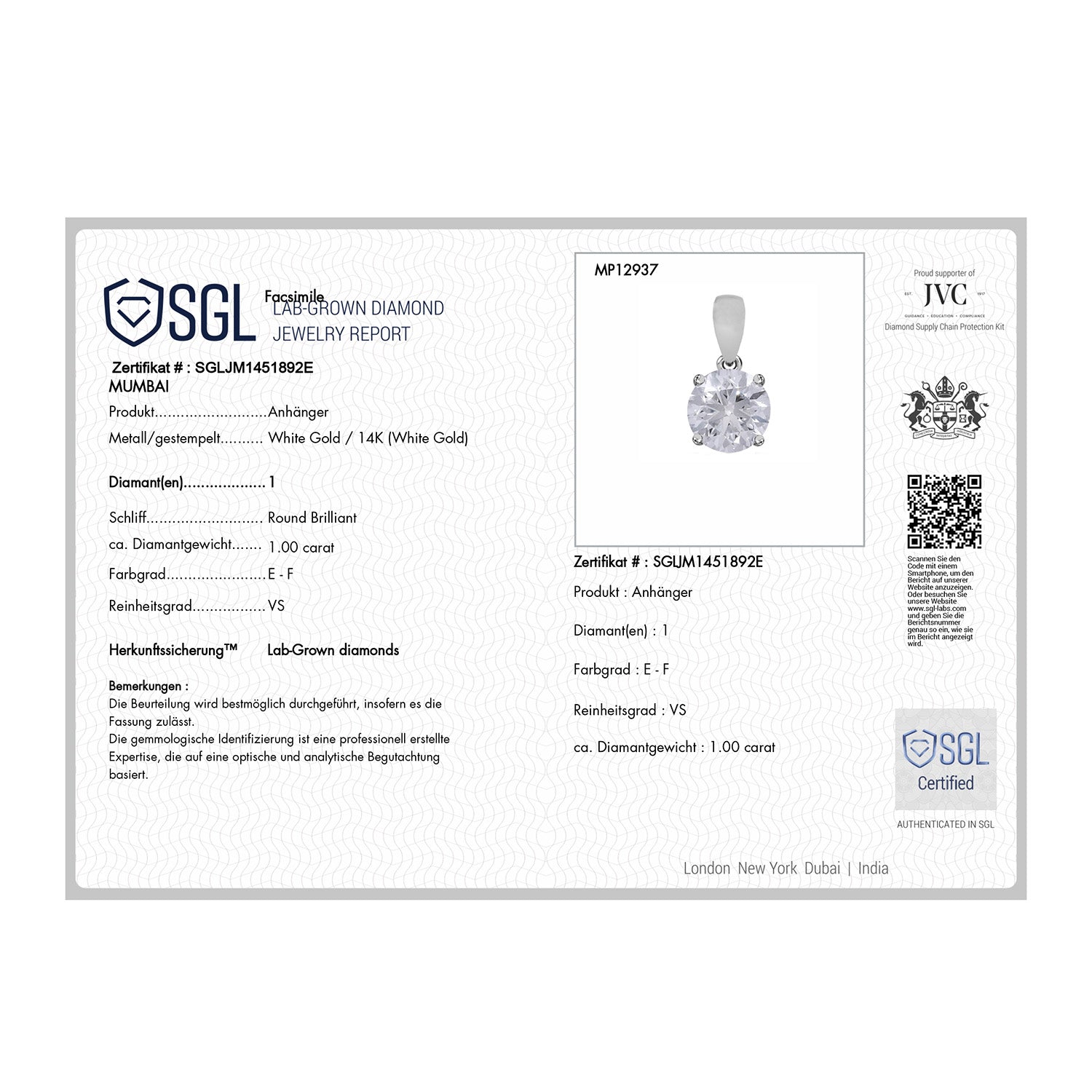 LUXURIANT DIAMOND- VS-EF Labor Diamant Anhänger und Ring in 585 Weißgold