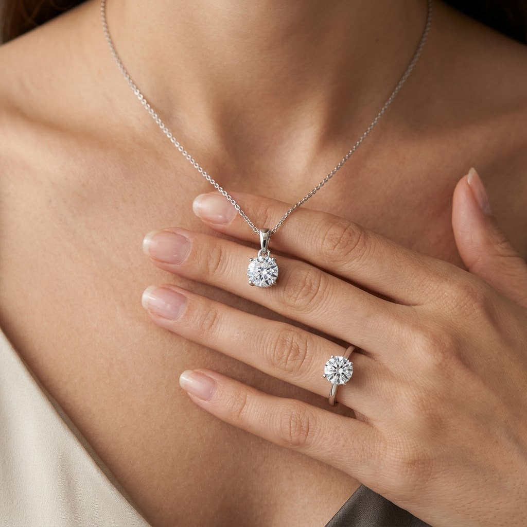 LUXURIANT DIAMOND- VS-EF Labor Diamant Anhänger und Ring in 585 Weißgold