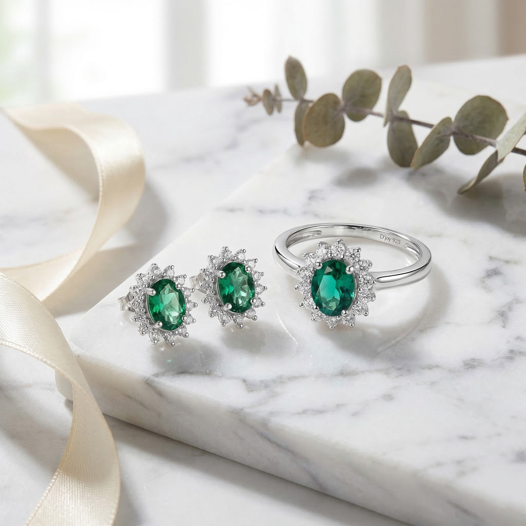 LUXURIANT AAA Labor kolumbianischer Smaragd und Moissanit Ring und Ohrringe