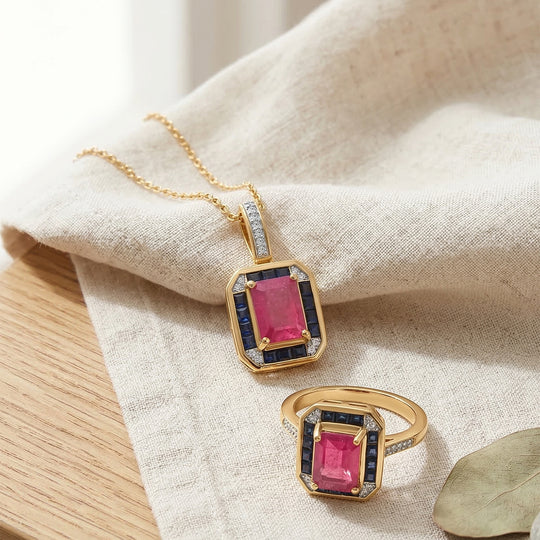 Djoy AA afrikanischer Rubin, blauer Saphir und Zirkon Ring und Anhänger mit 50cm Kette