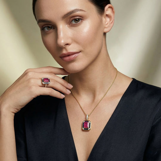 Djoy AA afrikanischer Rubin, blauer Saphir und Zirkon Ring und Anhänger mit 50cm Kette
