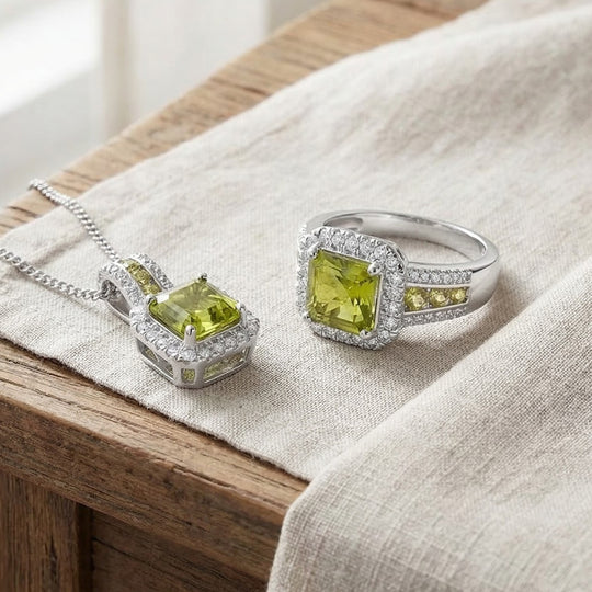 D'Joy Peridot und Moissanit Ring und Anhänger mit 45cm Kette