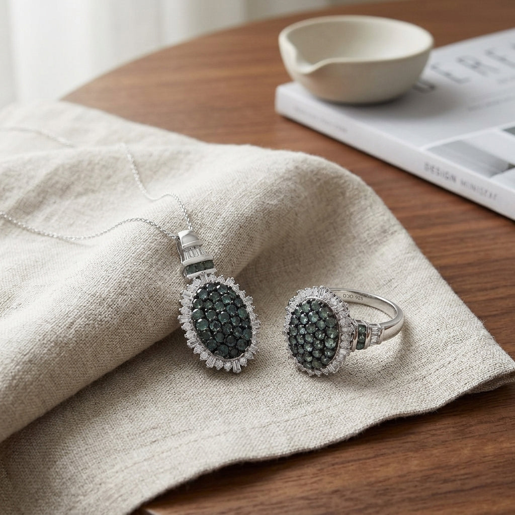 D’Joy Alexandrit und Moissanit Ring und Anhänger mit 50cm Kette