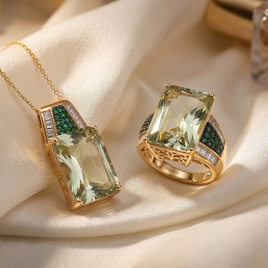 D'Joy Prasiolith, Verde Onyx und Moissanit Ring und Anhänger mit 50cm Kette